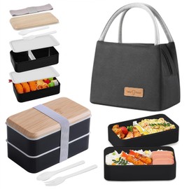 Aiuuee 1400 ml Lunch Box Set, Black, Lunch Boxes with 1.6 L Cool Bag, Children's Lunch Box with Compartments and Cutlery, Adult Lunch Box, Bento Box, Lunch Box, Breakfast Box for School