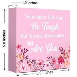 LVQHI Pink Decor For Desk, Sometimes Life Can Be Tough Sign Wood Box,Inspirational Desk Decor For Women, Small Motivational Home Bedroom Table Accessories Decoration Signs 5"x5"x1.2" In