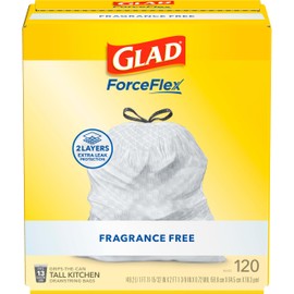 Glad ForceFlex Tall Kitchen Drawstring Trash Bags, 13 Gal, Fragrance Free, 120 Ct, Package May Vary