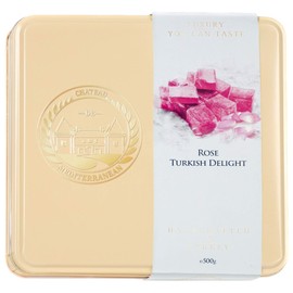 Rose Turkish Delight Flavour Lokum, Dessert Gourmet Gift Box Tin, 500g, Approx 26 Pieces, Chateau De Mediterranean