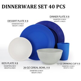 Perlapoc Dinnerware Set Wheat Straw Dishes Set 40 PCS - Service for 8 Unbreakable Plastic Dish Set Microwave Safe Plates and Bowls Sets Lightweight Cups Sets Outdoor Dishes - Island Colors