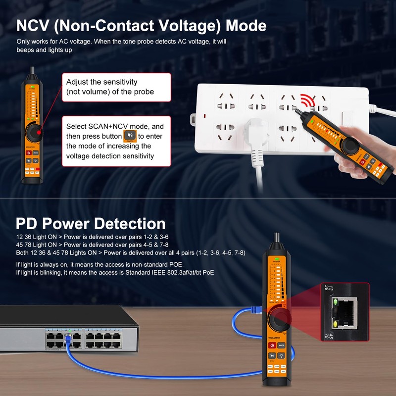 Rechargeable Digital Tone Cable Tester, WANLUTECH Tone Generator with Probe