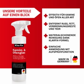 Klarfix Kamin- und Ofenglasreiniger | Entfernt Ruß, Fett, Verbrennungsreste, Teer, Schmutz und Staub | Ideal für Kamine und Öfen aller Art | Kraftvolle Reinigung und materialschonend (500 ml)