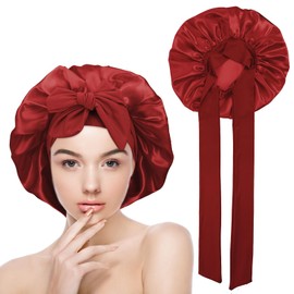 Yuanchu Satin Bonnet for Sleeping Women, Soft Adjustable Elasticity Band Satin Cap for Sleeping, Double Layer Satin Lined Hair Bonnet with Tie Band for Women Curly Hair Red