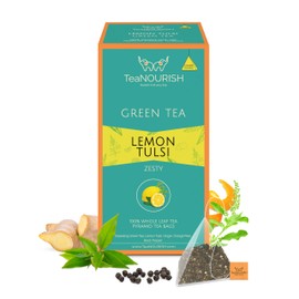 TeaNOURISH Lemon Tulsi Green Tea | 20 Count Pyramid Tea Bags | Darjeeling Whole Leave | Stress Relief Tea | Immune Support Tea | 100% Natural Infusion