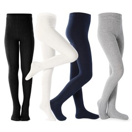 Petrass Girls Tights Toddler Cable Knit Cotton Footed Seamless Dance Ballet Baby Girls' Leggings 4 Pack Black/Ivory/Grey/Navy 5-6Y