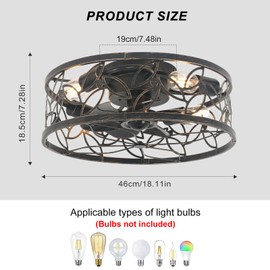 Garwarm Caged Ceiling Fan with Light,18in Rustic Industrial Ceiling Fans with Lights and Remote,Bladeless Fandelier Ceiling Fan,Small Flush Mount Ceiling Fan for Kitchen,Bedroom(6 Speed,Timing)-Bronze