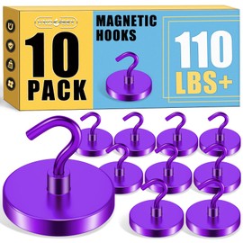 VNDUEEY Heavy Duty Magnetic Hooks, 110 Lbs Strong Magnets with Hooks for Cruise Cabin, Magnet Hooks for Hanging, Metal Magnetic Hanger for Grill, Fridge, Kitchen, Garage (Purple, Pack of 10)