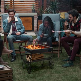 Happygrill Fire Pit with Firewood Rack and Wheels, Multifunctional Wood Burning Fire Pit with Mesh Lid & Grill for Patio Garden Poolside