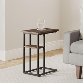 2 Tier C Shaped End Table with Metal Frame, Sturdy C Table Side Table for Couch Sofa Bedside Small Space, C Snack Table TV Tray Record Player Stand Small Tables for Living Room Bedroom, Rustic Brown