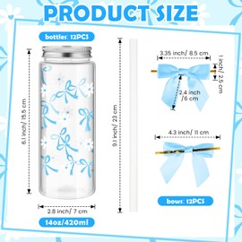 Jingmore 12 Pcs 14 oz Blue Bow Plastic Cups Reusable Coquette White Florets Aesthetic Cute Bottles with Lids and Straws with Ribbon Bow for Women Birthday Bridal Shower Wedding Gifts Party Supplies