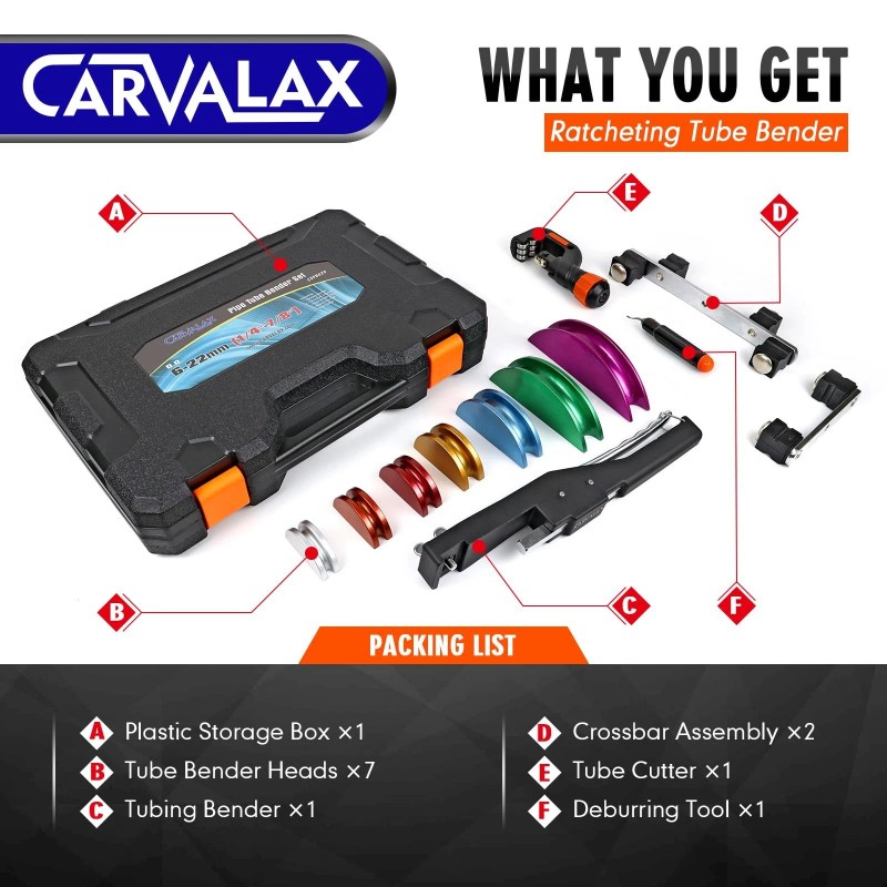 CARVALAX 90° Ratcheting Pipe Tube Bender Set: 1/4" to 7/8"