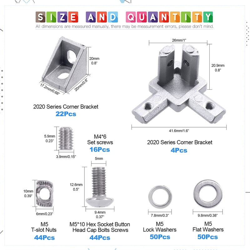 Glarks 230Pcs 2020 Series Aluminum Profile Connector Set Include 22Pcs