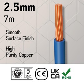 Primes DIY Single Core Conduit Cable 2.5mm Copper Wire Insulated PVC, Stranded Flexible Coil 6491X Electrical Wire, BASEC Approved – Blue Neutral(7 Meter), Home Improvement