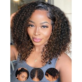 KLAIYI Ombre Brown V Part Curly Human Hair Upgrade U Part Wig with Dark Root Glueless Chestnut Brown Clip in Half Wig No Glue No Lace No Leave Out 3S Ready to Wear and Go Beginner Friendly 150% 22Inch