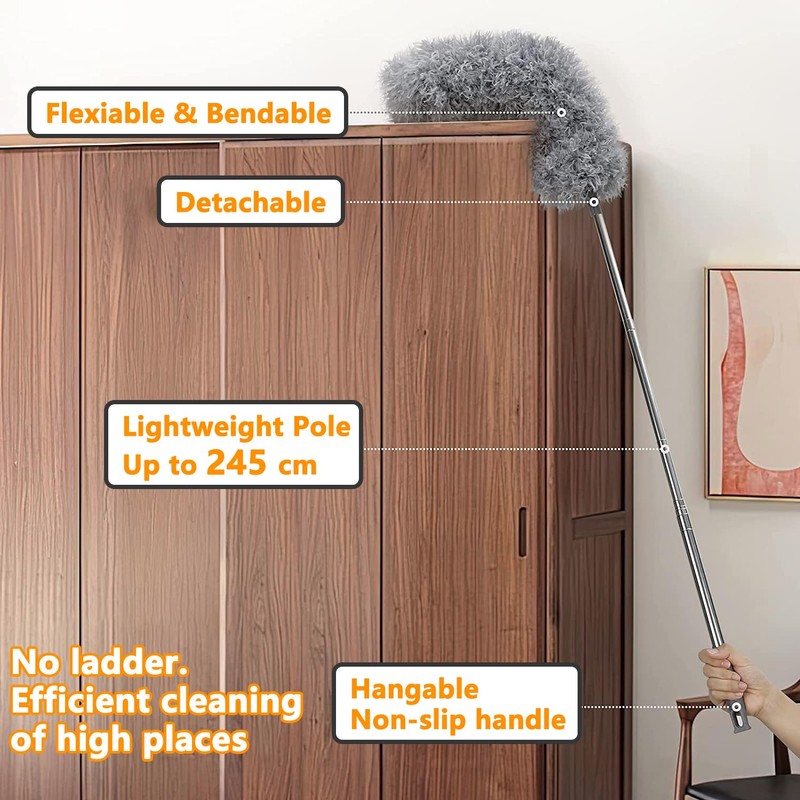 Feather Duster,Dusters For Cleaning Extendable,With30-240cm Pole Telescopic Cobweb Brush Grey4Pcs