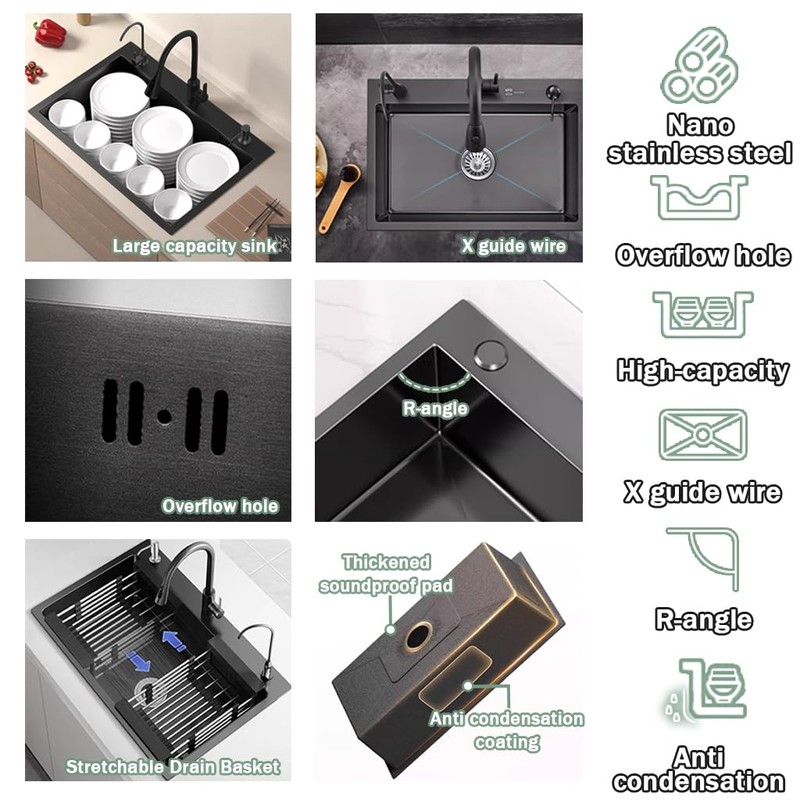 19.7 * 17.7in Drop In Kitchen Sink,Black Stainless Steel Single