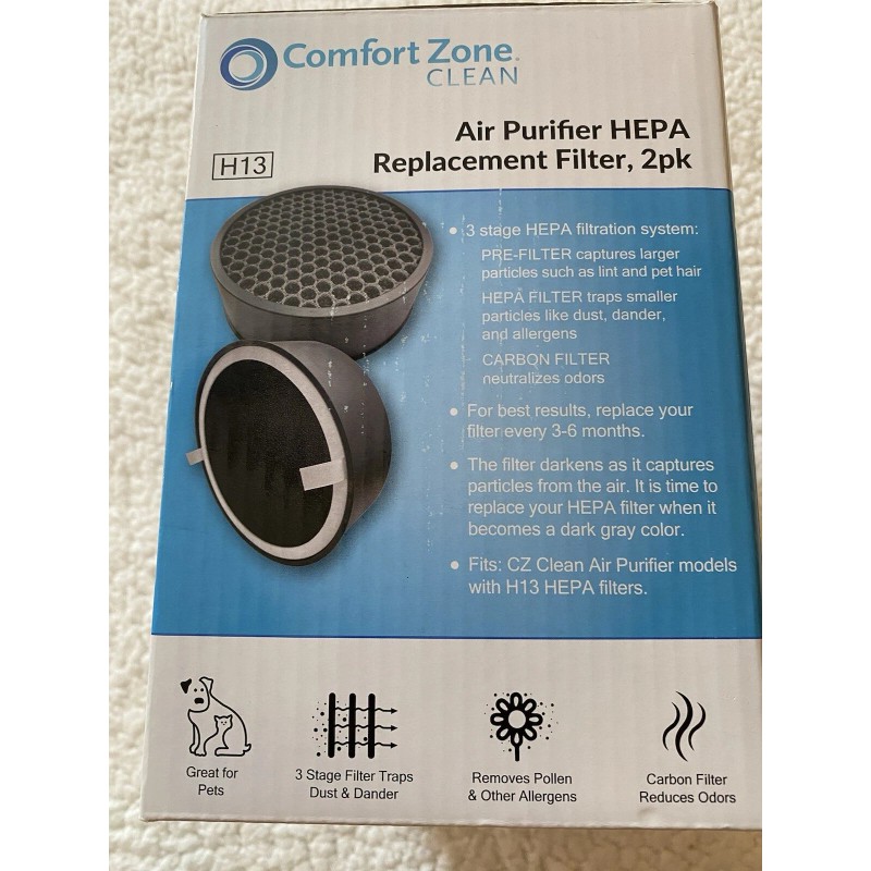Comfort Zone Clean HEPA Filter CZAPH132 w/Charcoal Pre-Filter Removes Smoke
