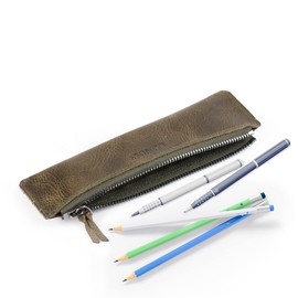 Londo Genuine Leather Pen Case with Zipper Closure, Pencil Pouch Stationery Bag (Green)