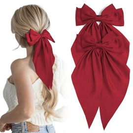 2Pcs Wine Red Hair Bows Long Tail Satin Bow Hair Clips Large Silky Ribbon Bow for Hair Ponytail Holder with Metal Clip Coquette Hair Barrettes Accessories Gifts for Women Girls