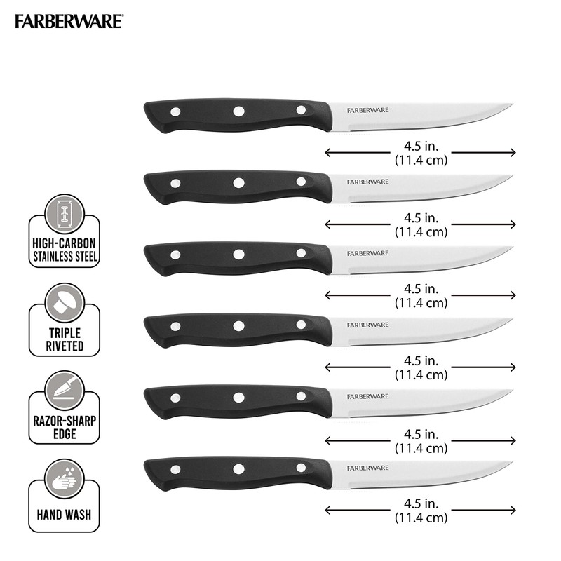 Farberware Triple Riveted Steak Knife Set, 6-Piece, High-Carbon Stainless Steel
