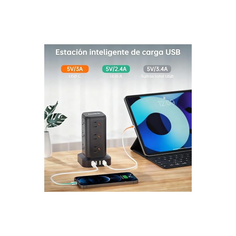 SMALLRT Regleta Torre Multicontacto, Extension Electrica USB C, Conector Multiple