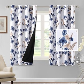 H.VERSAILTEX - Juego de 2 paneles de cortinas 100% opacas, 1.60 metros de longitud con estampado floral de Cattleya, cortinas térmicas florales para habitación con forro negro a prueba de sonido, color azul marino y gris pardo.