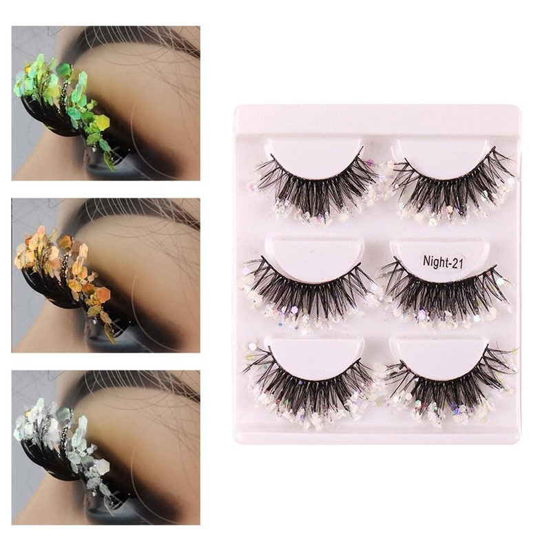 perfk 3 Pairs Luminous False Eyelashes with Sequins, Glitter Eyelashes,