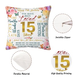 15th Birthday Gifts for Girls Throw Pillow Covers 18x18 Inch 15 Year Old Girl Gifts Happy 15th Birthday Teen Boys Girls Gift Ideas Best Gifts for Daughter Son Teens 15th Presents Birthday Decorations