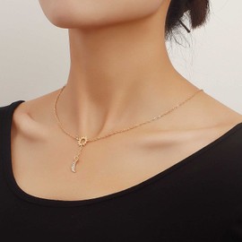 Iaceble Boho Moon Lariat Necklace Cz Moon Drop Necklace Sun Circle Choker Necklace Hollow Sun Pendant Necklace Jewelry for Women and Girls