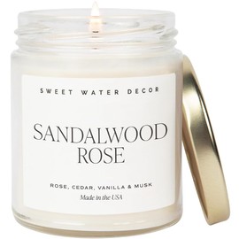 Sweet Water Decor Sandalwood Rose Soy Candle | Green, Leafy, Winey, Rose and Guaiac Wood Scented Candles for Home | 9oz Clear Jar + Gold Lid, 40+ Hour Burn Time, Made in the USA