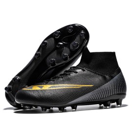 Wugehu Men's Football Boots Cleats Professional High Top Breathable Training Trainers, A Black
