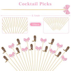 JarThenaAMCS 100Pcs Boot or Bow Cocktail Pick Gender Reveal Toothpick Pink Brown Boy or Girl Long Cocktail Appetizer Skewer for Fruit Drink Dessert Baby Shower Party Supplies
