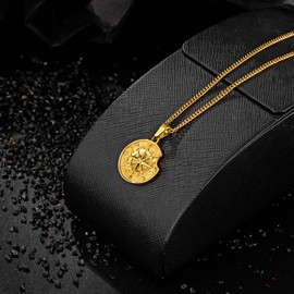 murtoo Men's Necklace with Compass Pendant for Men, Silver Gold Coin Plate Chain for Men Women, Stainless Steel Necklace Gift for Men Women, Stainless Steel, No Gemstone