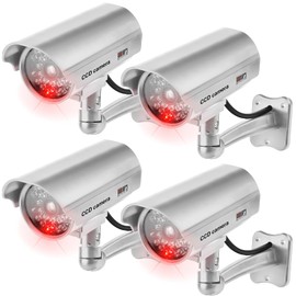 GAOUTO Pack of 4 dummy cameras, dummy CCTV, dummy surveillance camera with flashing LED, fake security camera, outdoor camera, fake camera for home, office, surveillance, silver