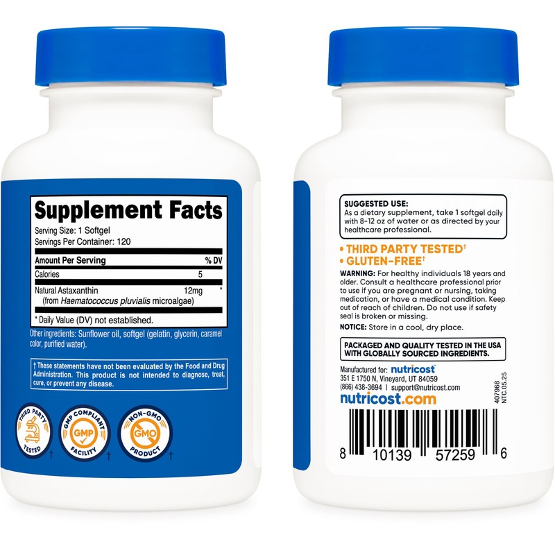 Nutricost Astaxanthin 12mg, Non-GMO and Gluten Free, 120 Softgels (4