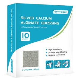 OPTITEKNIK Ag Silver Calcium Alginate Wound Dressing Pads 4"x4" Pack of 10, Soft Silver Dressings for Wound Care, Gentle Highly Absorbent Dressing, Non Stick Gauze Pads for Wounds