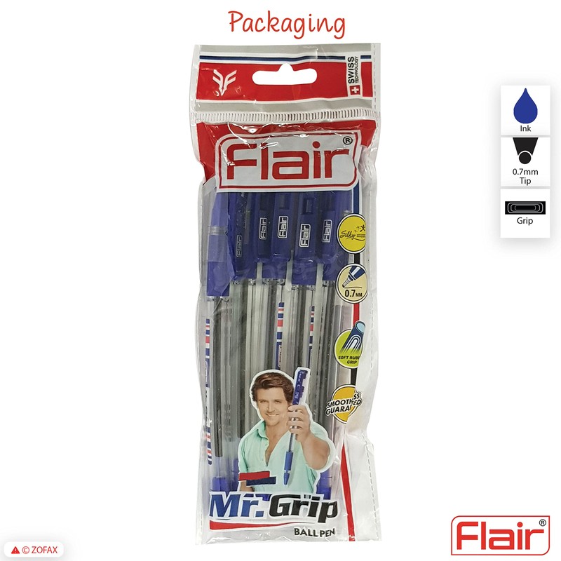 Flair 5 x 0.7mm Mr Grip BLUE Ballpoint Pens Rubber