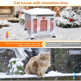 Weatherproof Cat House for Outdoor Cats in Winter, 100% All-Around Insulated Outdoor Cat Shelter with Warm Liner for Outside Feral Cat,Puppy,Rabbit and Small Pets-Grey with Warm Liner