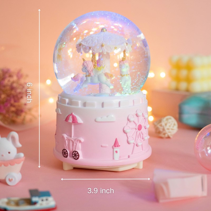 Unicorn Musical Snow Globe for Kids Girls Carousel Music Box