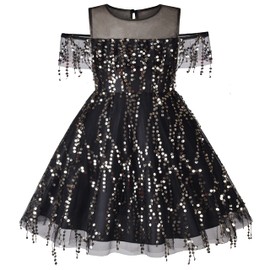 Sunny Fashion Girls Dress Black Tassel Sparkle Sequin Off Shoulder Party Sleeveless Size 10