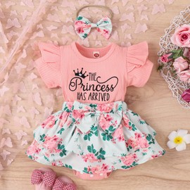 LYSINK Baby Girl Romper Dress Ruffle Short Sleeve Flower Embroidery Bow Princess Dress Jumpsuit Headband Valentines Outfits (D-Pink White, 0-3 Months)