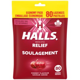 HALLS Cherry Flavour Cough Drops, Throat Lozenges, Sore Throat Relief, Mentho-Lyptus, 80 Lozenges
