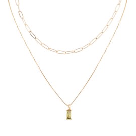 2pcs Gold Charm Necklaces for Women, No Fade Zircon Trendy Stack Pendant Birthstone Necklace and Paperclip Choker Stylish Birthday Jewelry Gift (August Peridot)