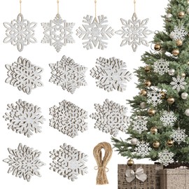 Wooden Snowflake Ornaments Hanging Christmas Decorations 24PCS,Wood Hollow Silver Snowflakes Crafts Winter Decorations from Ceiling 8 Styles of DIY Cutouts Ornament New Year Decorations