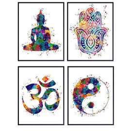 Meditation Zen Wall Art Prints - Unframed Set Of 4 - Buddha, Yin Yang, Om And Hamsa Fatima Hand - Chic Home Decor - Great Gift For Yoga Fans – Ready Frame (8x10) Watercolor Photos