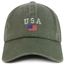 Trendy Apparel Shop American Flag and USA Embroidered Soft Washed Patriotic Cap - Olive