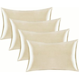 4 Pack Both Side Silky Pillowcase Silk Satin 4 Pack Pillow Cover for Hair and Skin Anti Wrinkle Zipper Closure (Beige, Standard - 20 * 26 Inch)