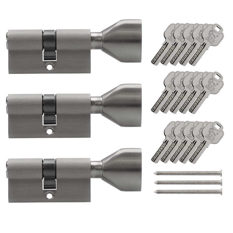 3x Knob Cylinder KSN 60 mm 30/30 Keyed Alike Including
