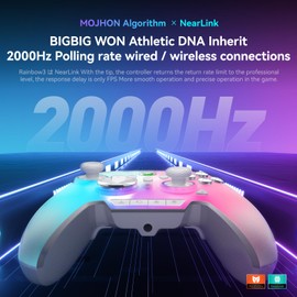 BIGBIG WON Rainbow 3 Wireless PC Gaming Controller Capacitive Joystick 2000Hz Polling Rate 16 Mechanical Keys 14 Custom RGB Lights 6-Axis Gyro Sensor Hall/Micro-switch Trigger 3.5mm Audio Jack Gamepad for PC/Switch2/iOS/Android
